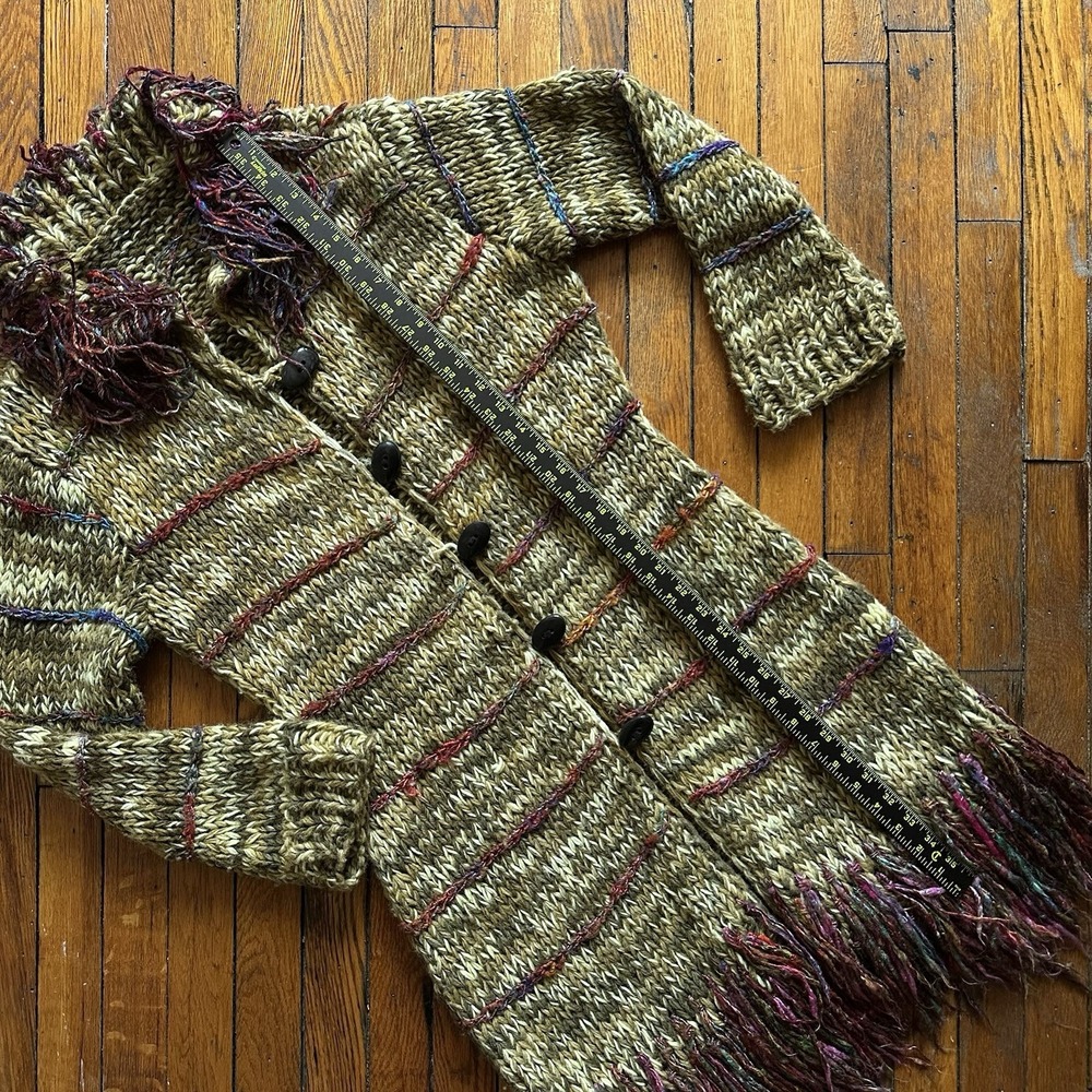 Vtg Y2K Handknit Wool Fuzzy String Neck Sweater Coat Mid Length Women Medium - Picture 7 of 8
